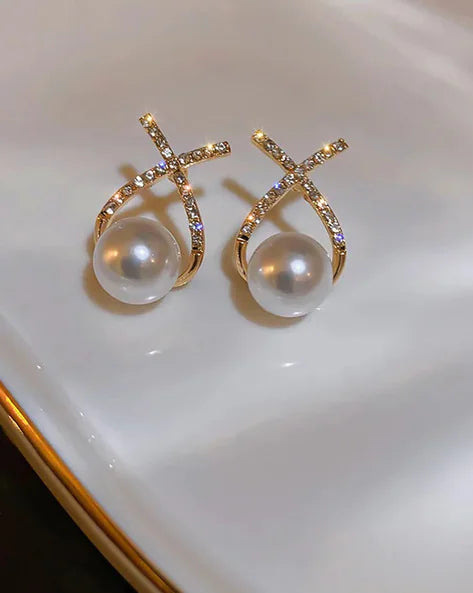 Diamond Studded Cross Pearl Studd Earrings