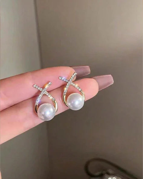 Diamond Studded Cross Pearl Studd Earrings