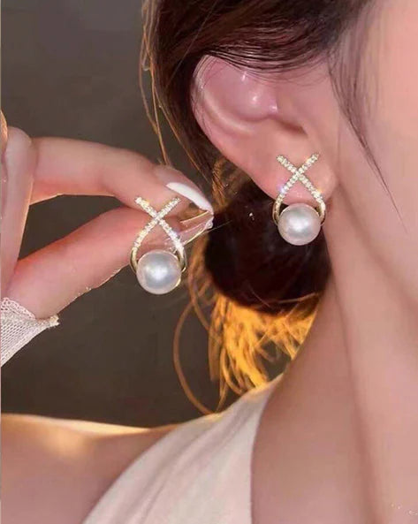 Diamond Studded Cross Pearl Studd Earrings