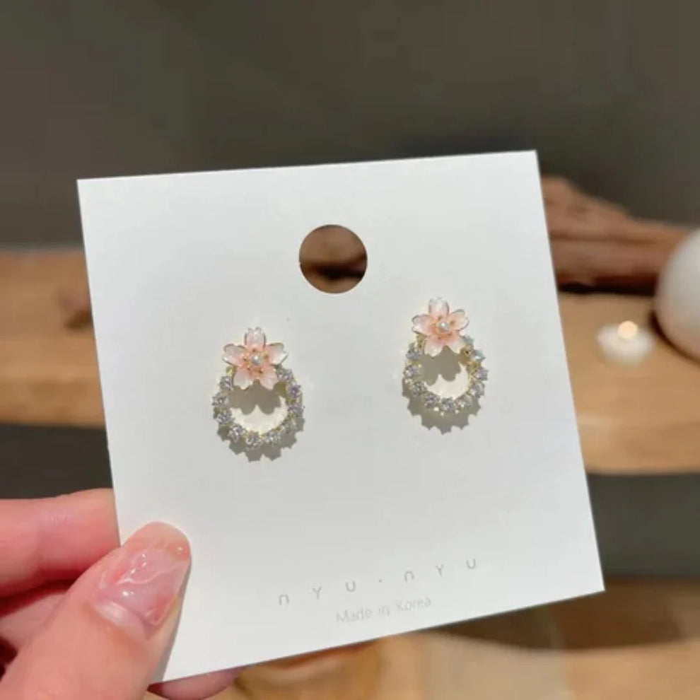 Peach Colour Round Crystal Korean earring