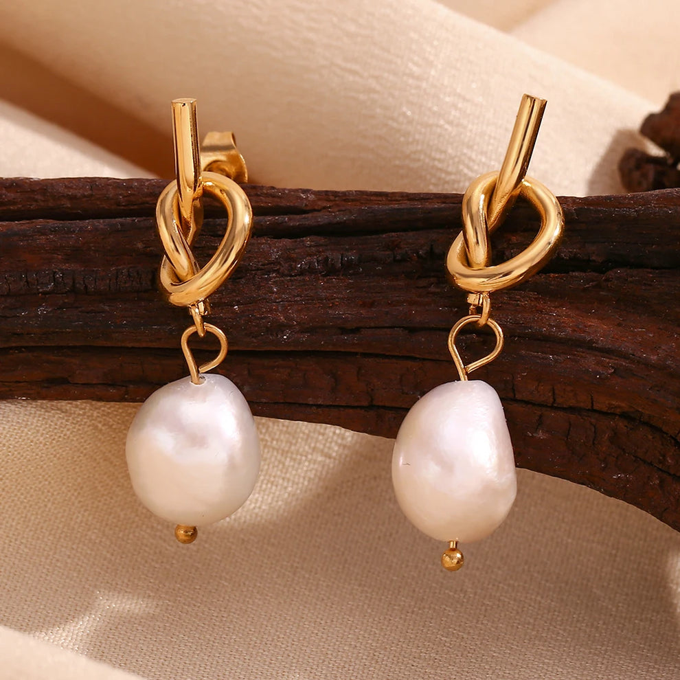 Gold Knot with Pearl Earrings