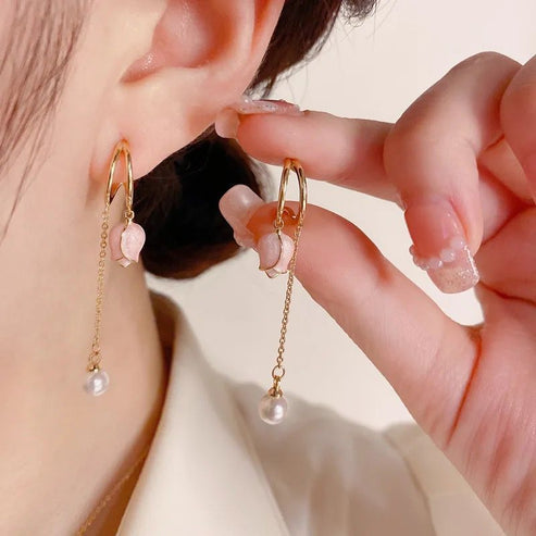 Pink Flower Long Chain Earrings
