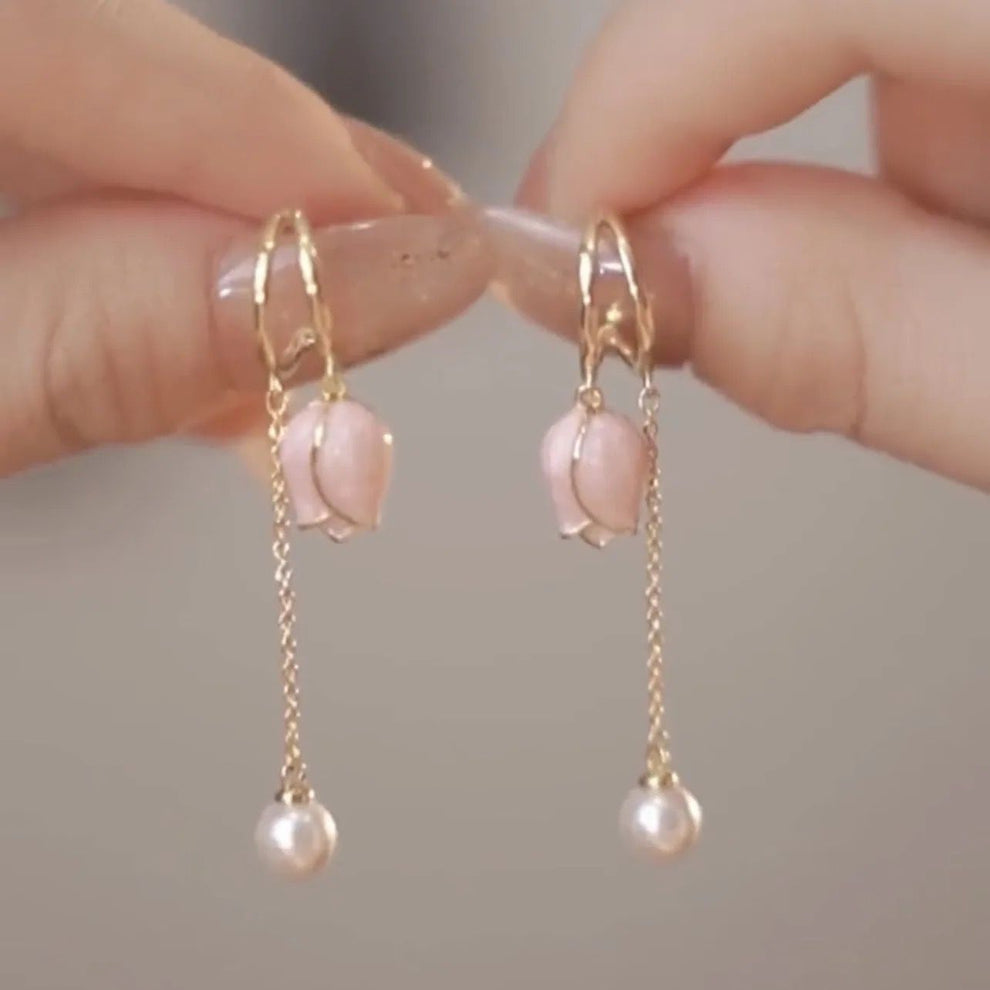 Pink Flower Long Chain Earrings
