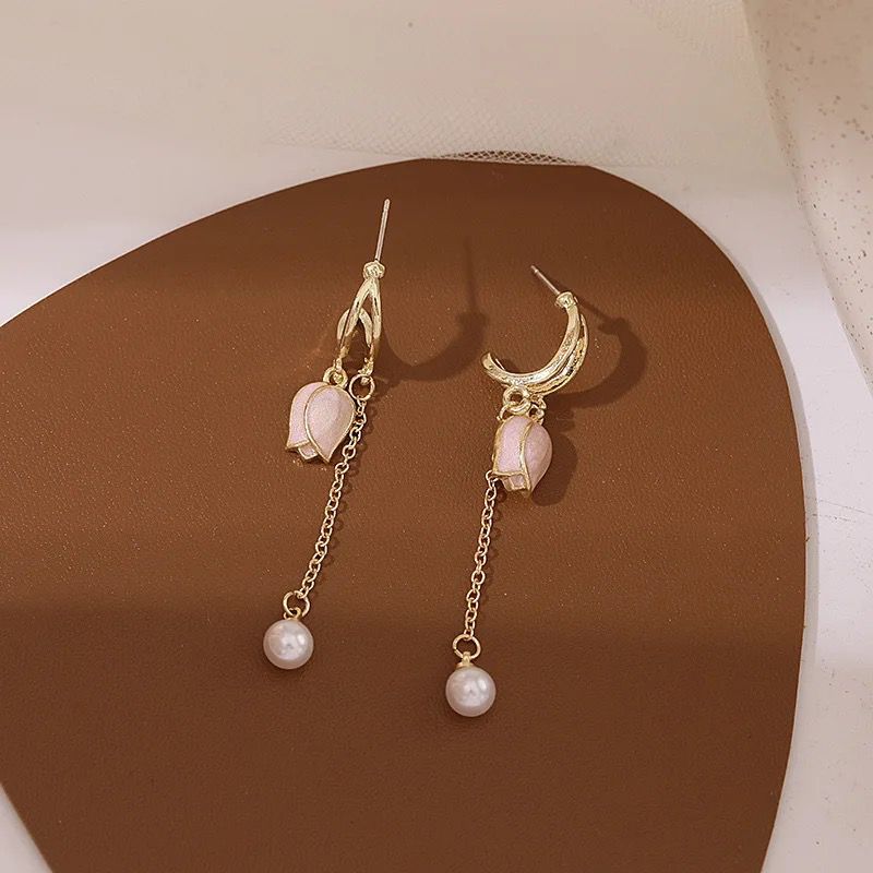 Pink Flower Long Chain Earrings