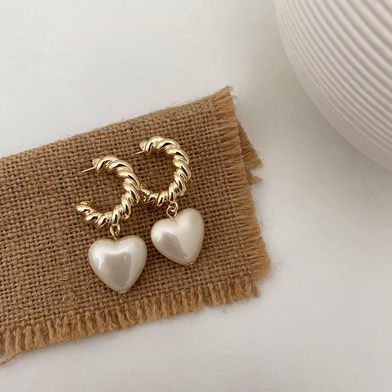 Gold Heart Pearl Hoop Earrings