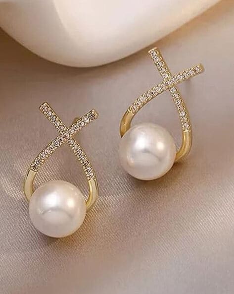 Diamond Studded Cross Pearl Studd Earrings