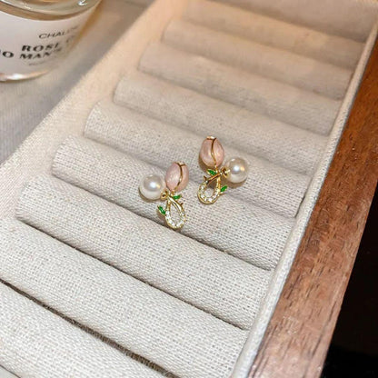 Pink Small Tealeaf Korean Earrings
