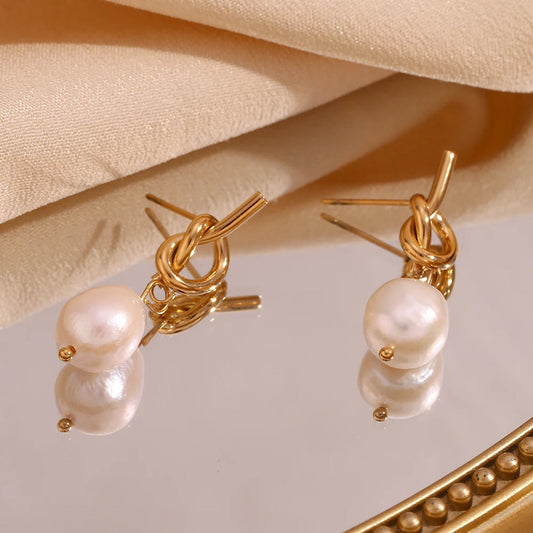 Gold Knot with Pearl Earrings