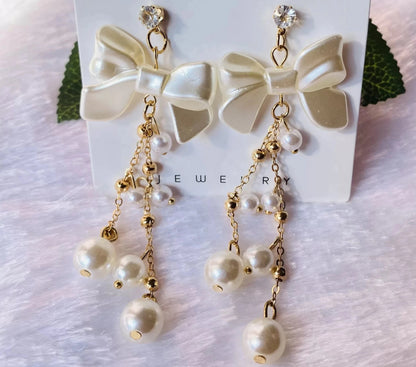 Elegant Bow Knot Pearl Drop Earrings with Rhinestone Accents